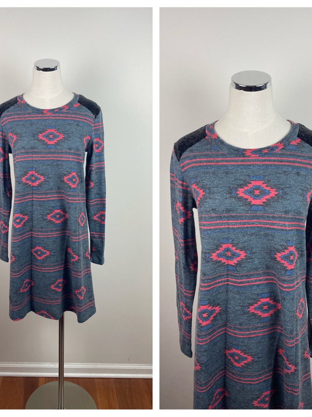 Simply Southern Blue Pink Black Sequin Aztec Long Sleeve Dress New Small Women
